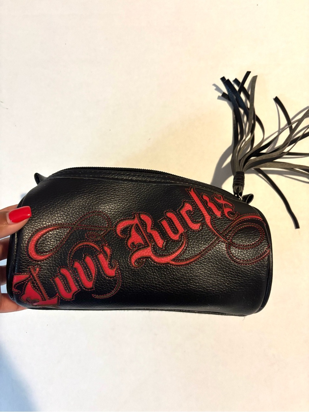 Leather 'Love Lucky' Black and Red Wristlet Bag